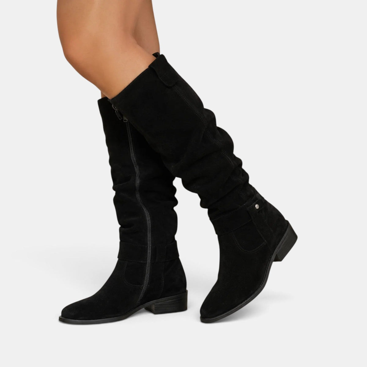 Botas altas mujer de tacón bajo efecto ante con cremallera 3