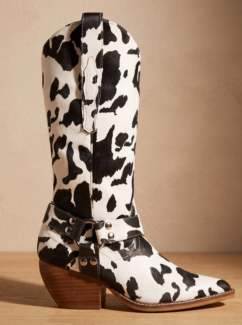 Botas cowboy mujer altas con estampado de vaca y puntera fina 4