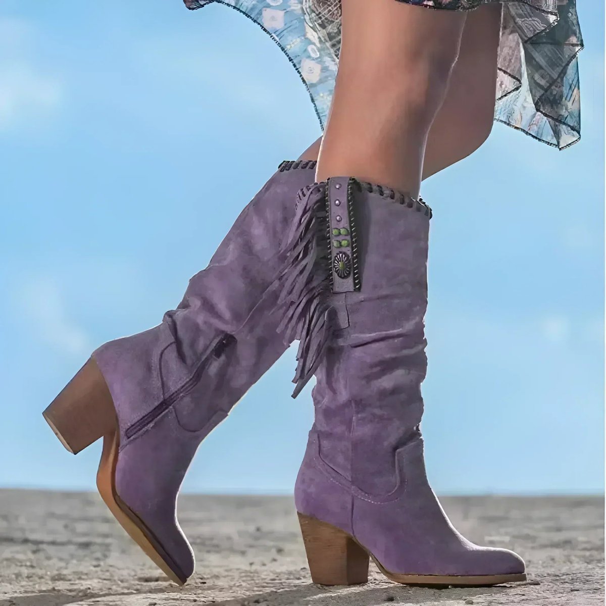 Botas cowboy mujer altas con flecos y cremallera lateral 2