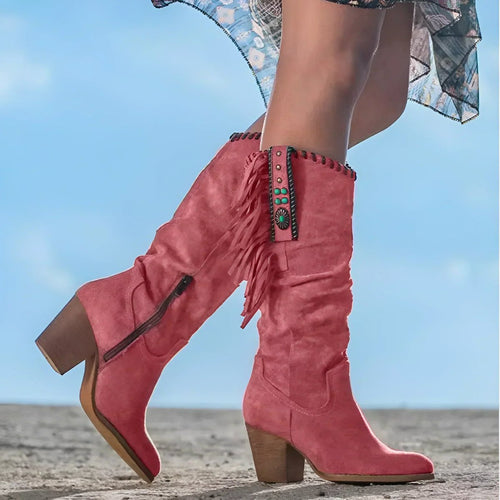 Botas cowboy mujer altas con flecos y cremallera lateral 4