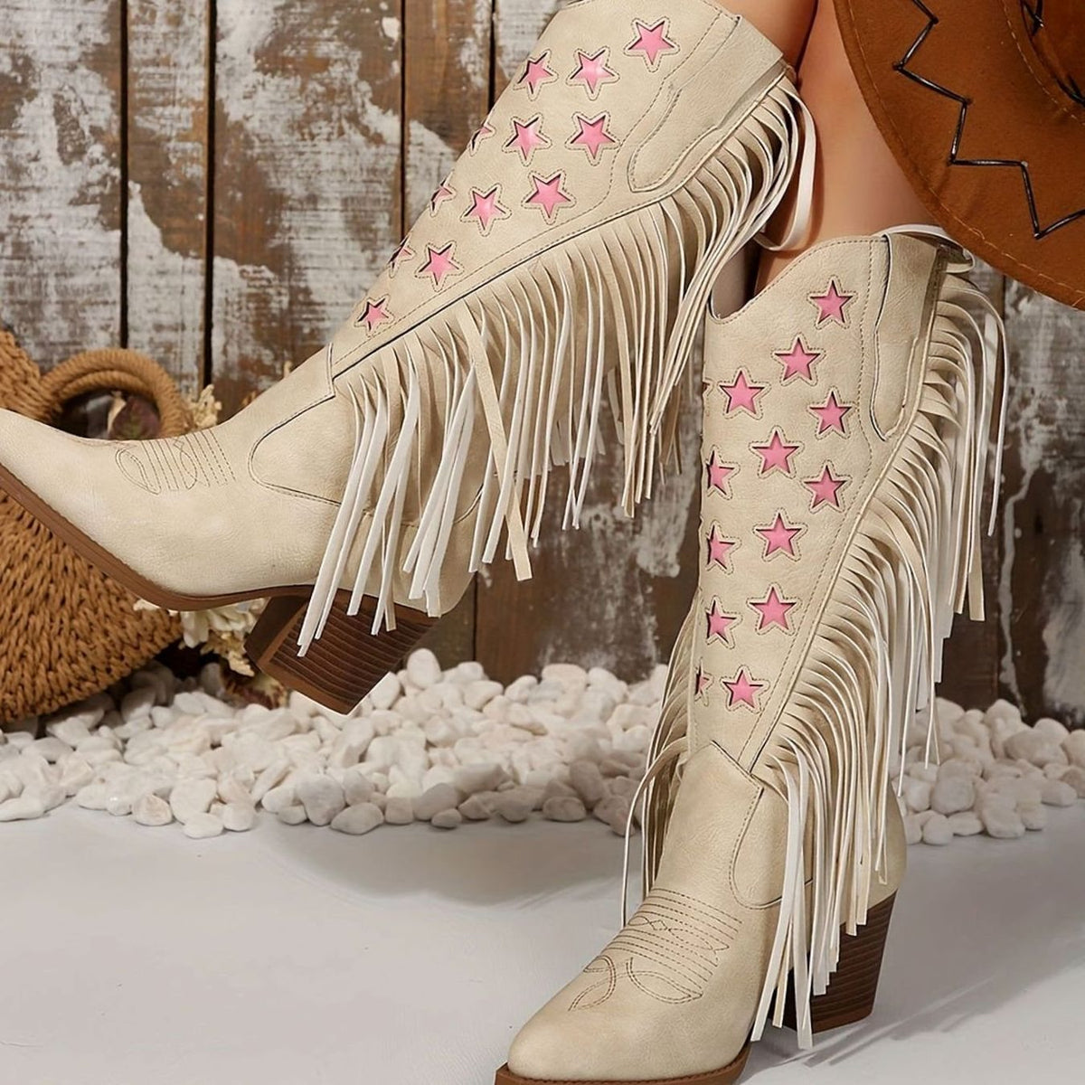 Botas cowboy mujer altas con flecos y estrellas bordadas 1