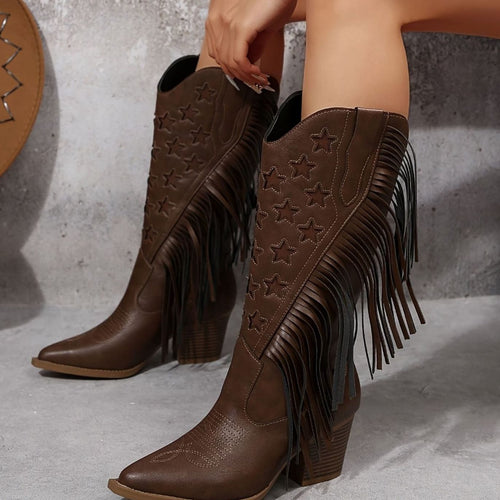Botas cowboy mujer altas con flecos y estrellas bordadas 10