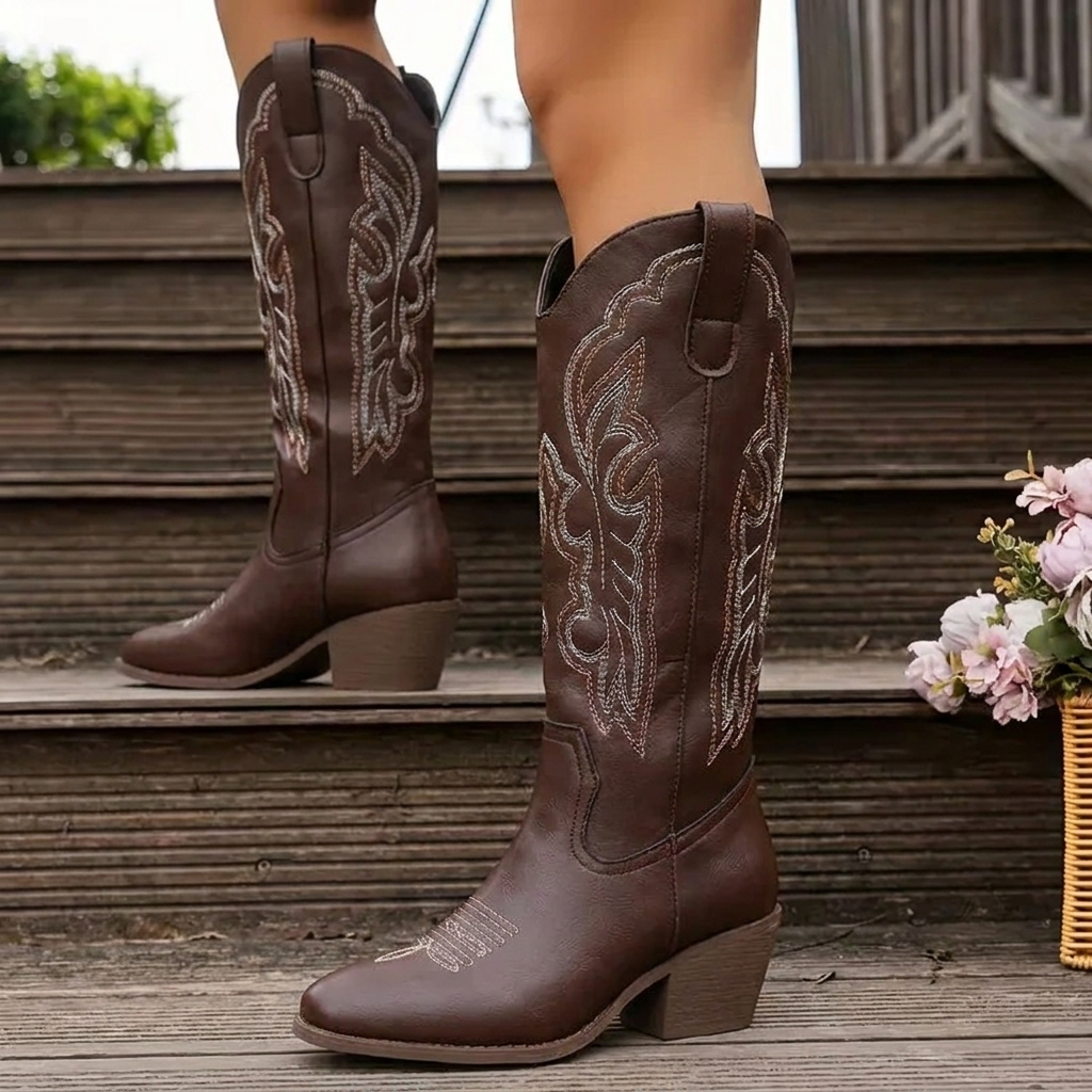 Botas cowboy mujer altas hasta la rodilla con bordado y punta fina 1