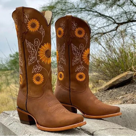 Botas cowboy mujer con bordado de girasoles y puntera cuadrada 2