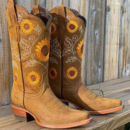 Botas cowboy mujer con bordado de girasoles y puntera cuadrada 3
