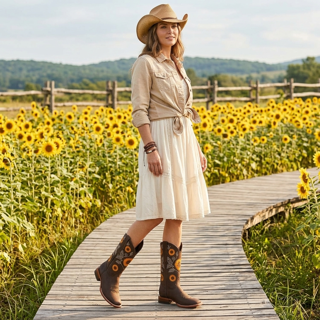 Botas cowboy mujer con bordado de girasoles y puntera cuadrada 4