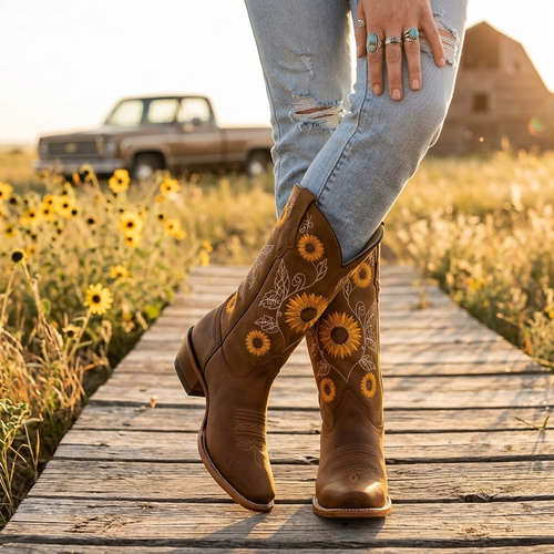 Botas cowboy mujer con bordado de girasoles y puntera cuadrada 5
