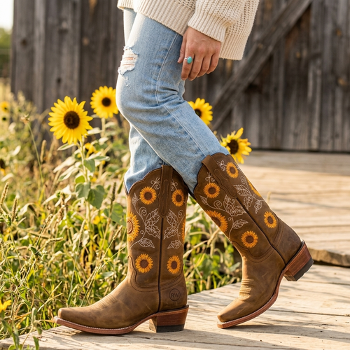 Botas cowboy mujer con bordado de girasoles y puntera cuadrada 6