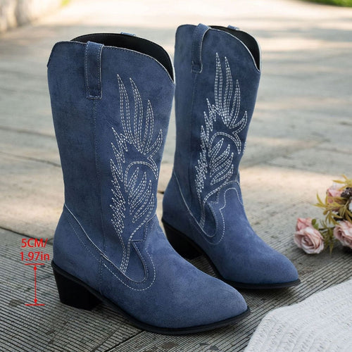 Botas cowboy mujer de caña ancha con bordado y tacón ancho 7