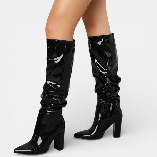 Botas de charol mujer con tacón grueso y punta fina 1