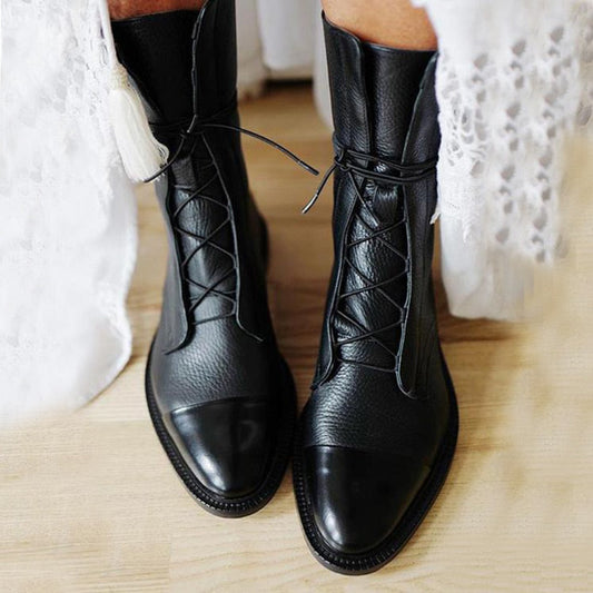 Botas de cuero para mujer con cordones clásicas de tacón bajo 1