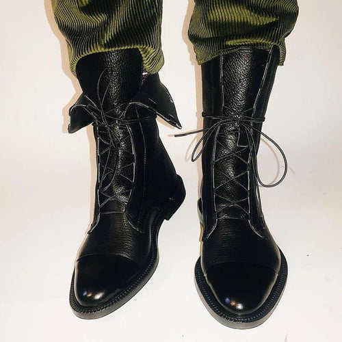 Botas de cuero para mujer con cordones clásicas de tacón bajo 11
