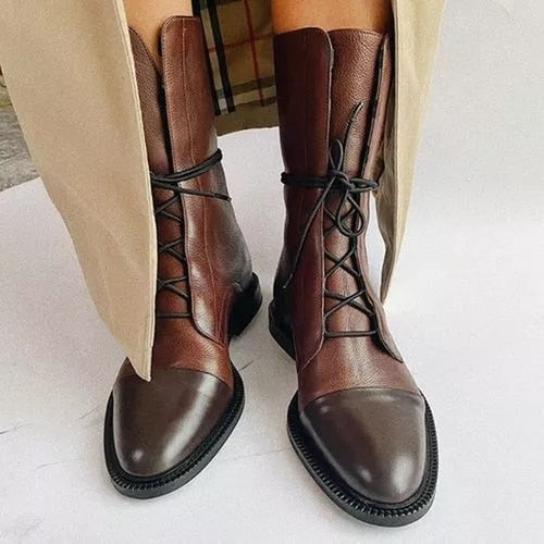 Botas de cuero para mujer con cordones clásicas de tacón bajo 2