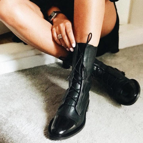 Botas de cuero para mujer con cordones clásicas de tacón bajo 3