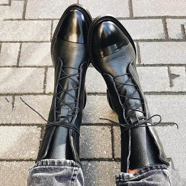 Botas de cuero para mujer con cordones clásicas de tacón bajo 4