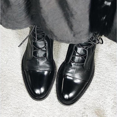 Botas de cuero para mujer con cordones clásicas de tacón bajo 5