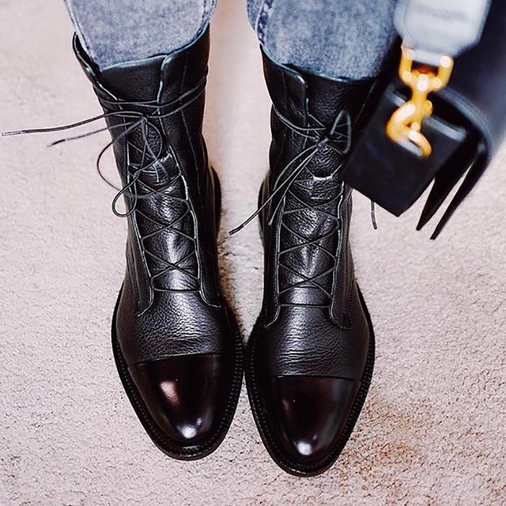Botas de cuero para mujer con cordones clásicas de tacón bajo 6