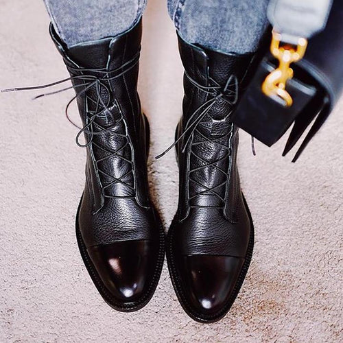 Botas de cuero para mujer con cordones clásicas de tacón bajo 6