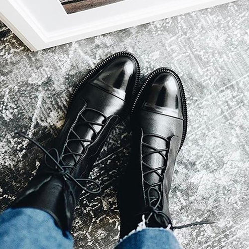 Botas de cuero para mujer con cordones clásicas de tacón bajo 9