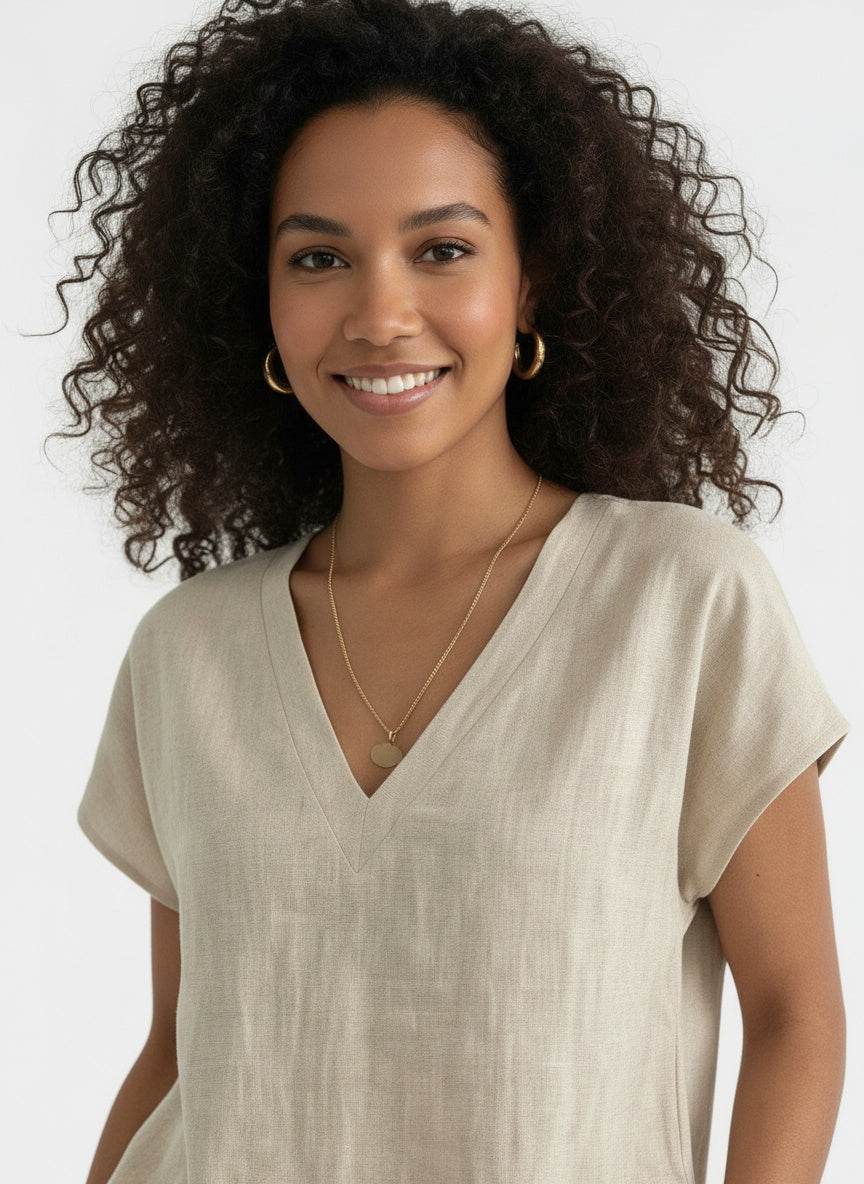 Close-up of the model wearing Conjunto Lino Verano Pantalón Mujer