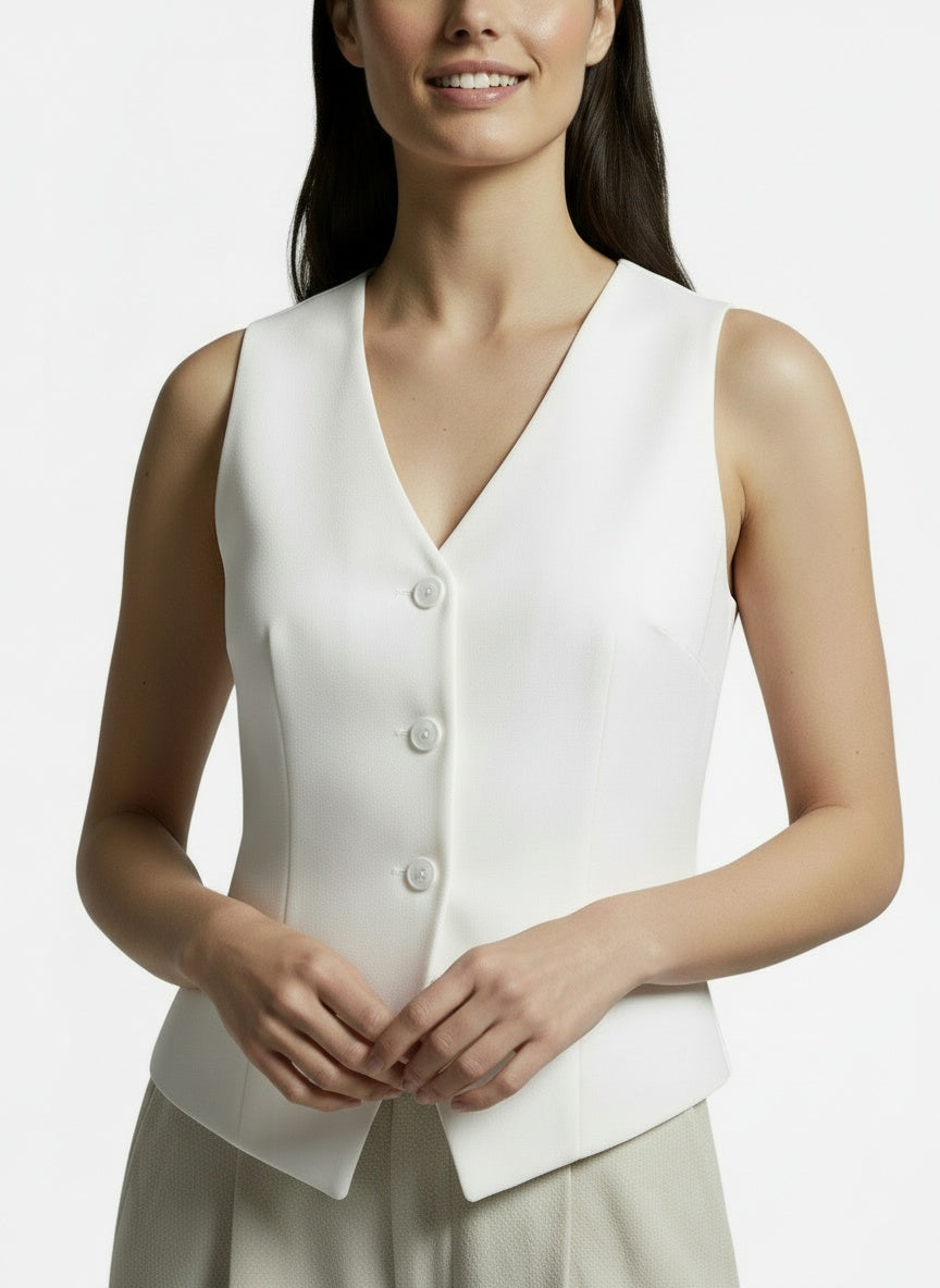Close-up of the model wearing Chaleco Mujer Slim Fit Retro Elegante – Moda Casual y Sofisticada