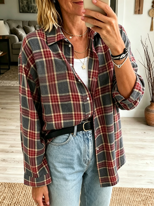 Camisa de mujer oversize a cuadros con botones y bolsillos 2
