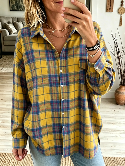 Camisa de mujer oversize a cuadros con botones y bolsillos 3
