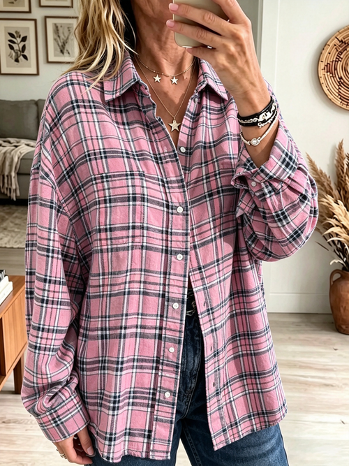 Camisa de mujer oversize a cuadros con botones y bolsillos 5