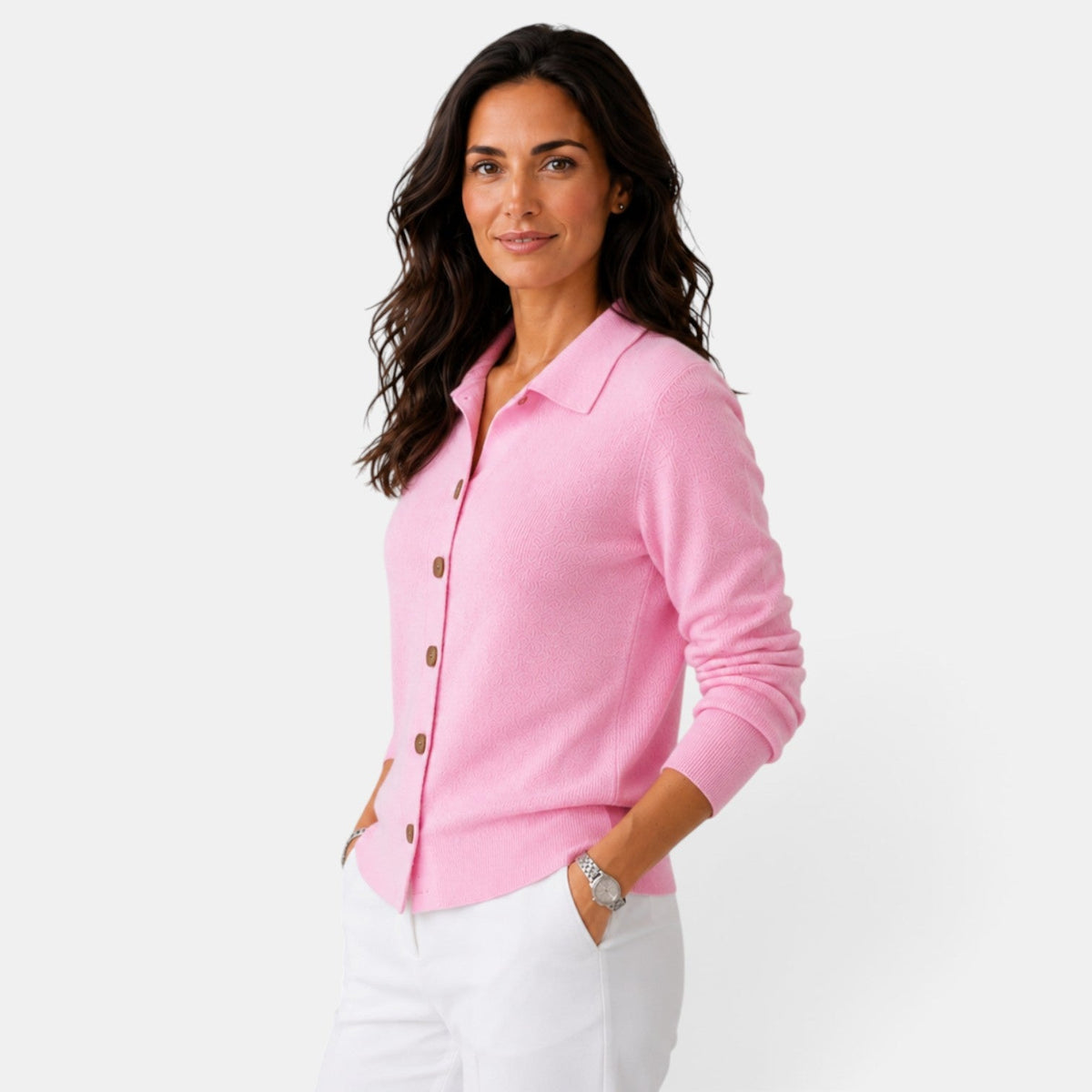Cárdigan de punto mujer largo con botones y cuello camisero 15