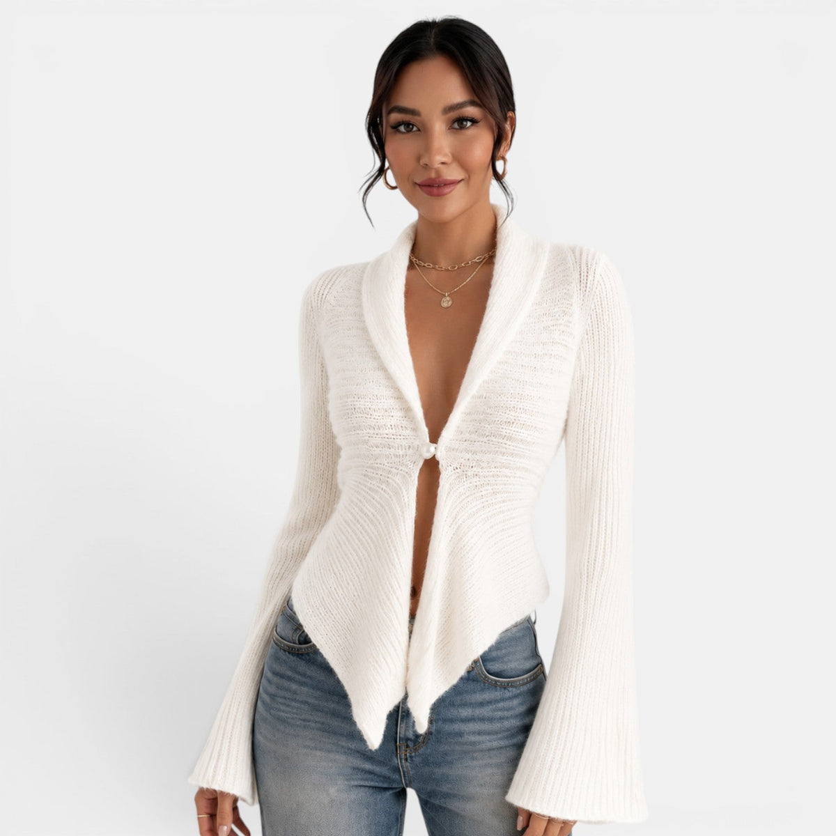 Cárdigan de punto para mujer con cuello chal y manga acampanada 1