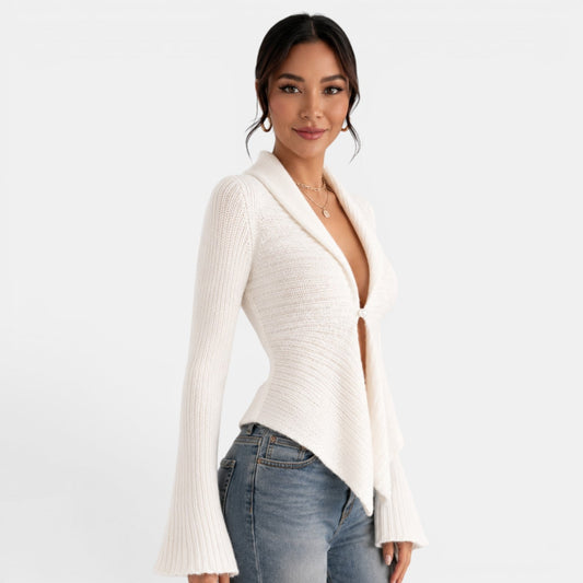 Cárdigan de punto para mujer con cuello chal y manga acampanada 2