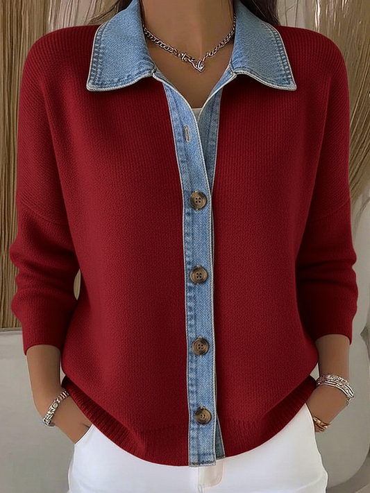 Cárdigan de punto para mujer con cuello tipo polo y detalle de denim 1