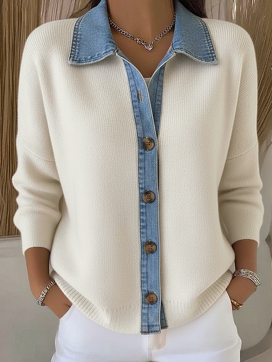 Cárdigan de punto para mujer con cuello tipo polo y detalle de denim 2