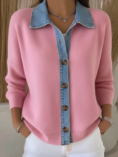 Cárdigan de punto para mujer con cuello tipo polo y detalle de denim 3