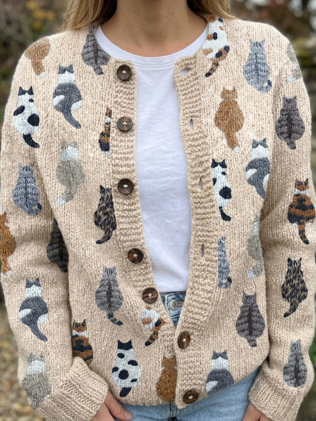 Cárdigan mujer de punto con estampado de gatos y botones 1