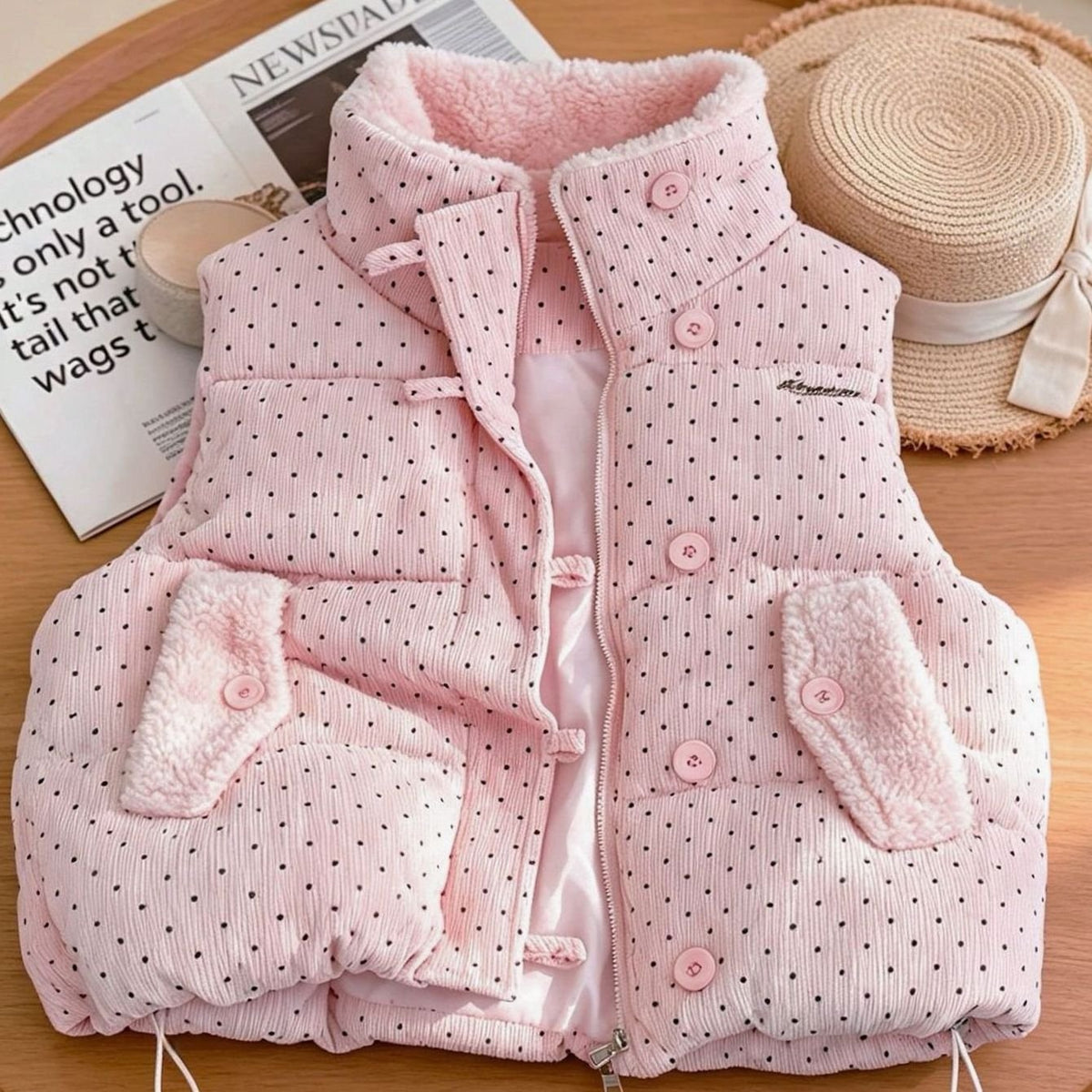 Chaleco acolchado mujer de lunares con cuello alto y botones 6