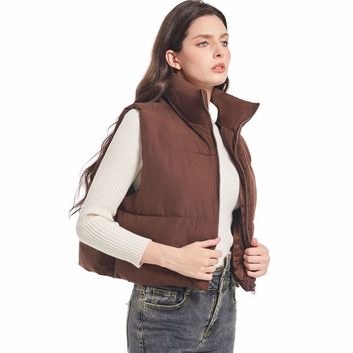 Chaleco corto acolchado mujer con cuello alto y cremallera doble 2