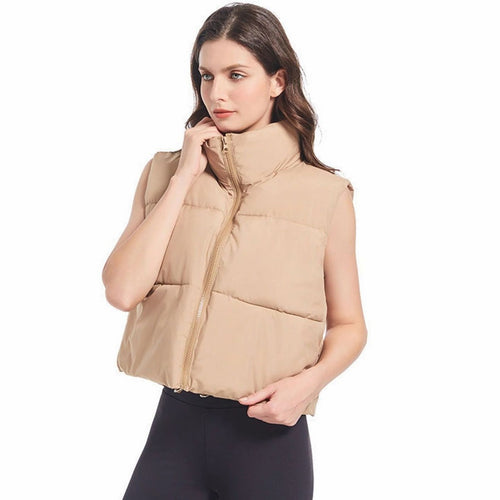 Chaleco corto acolchado mujer con cuello alto y cremallera doble 4