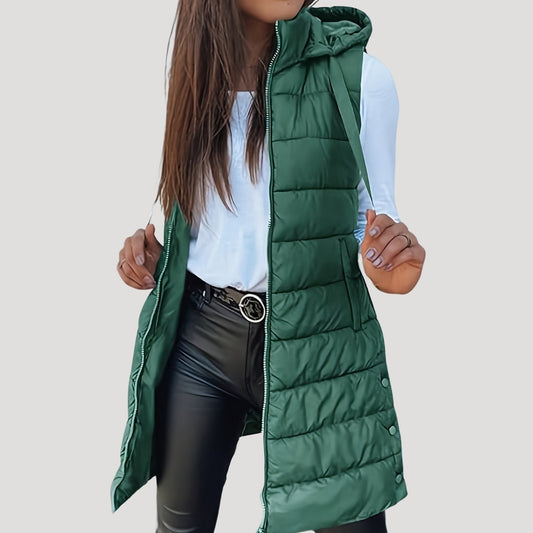Chaleco largo acolchado mujer con capucha para invierno 1