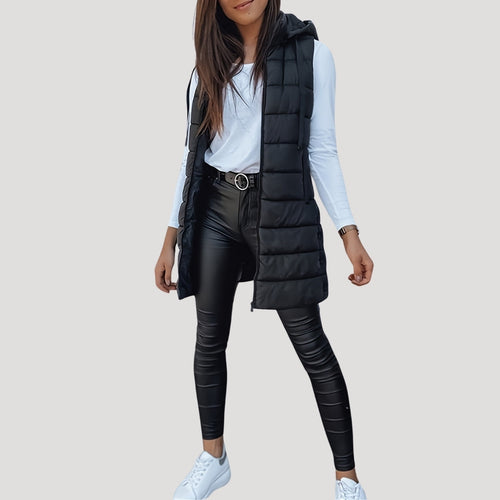 Chaleco largo acolchado mujer con capucha para invierno 10