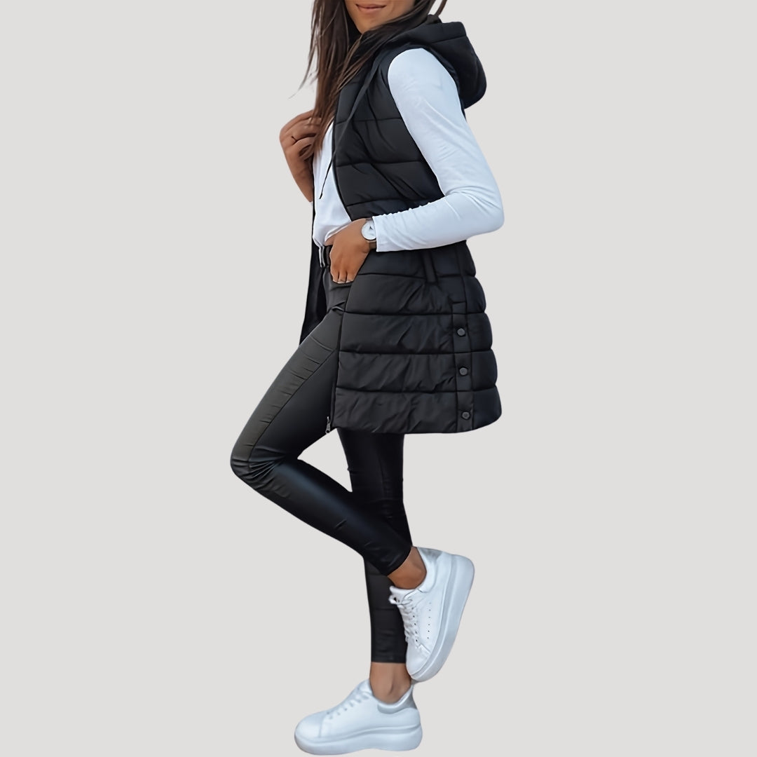 Chaleco largo acolchado mujer con capucha para invierno 11