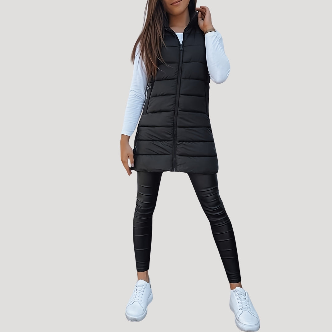 Chaleco largo acolchado mujer con capucha para invierno 12