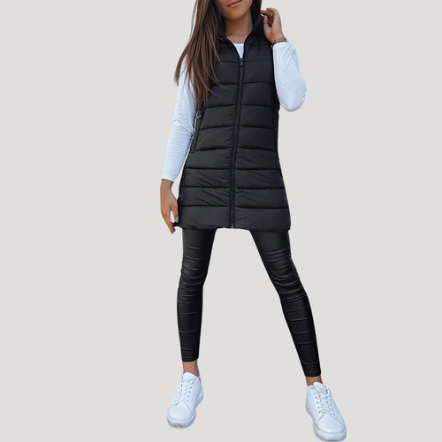 Chaleco largo acolchado mujer con capucha para invierno 12