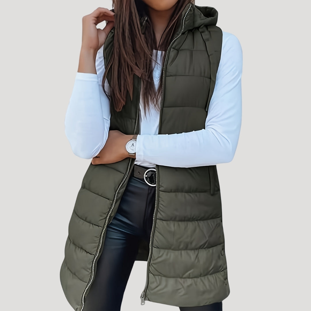 Chaleco largo acolchado mujer con capucha para invierno 3