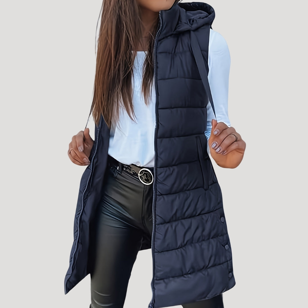 Chaleco largo acolchado mujer con capucha para invierno 4