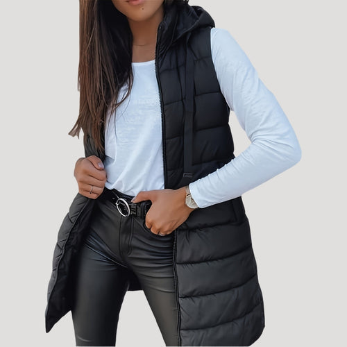 Chaleco largo acolchado mujer con capucha para invierno 5