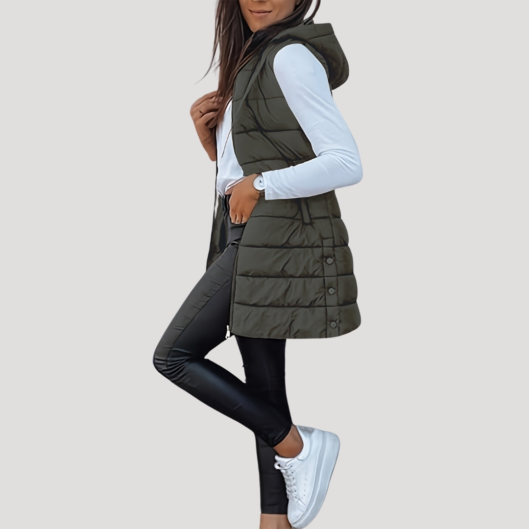 Chaleco largo acolchado mujer con capucha para invierno 7