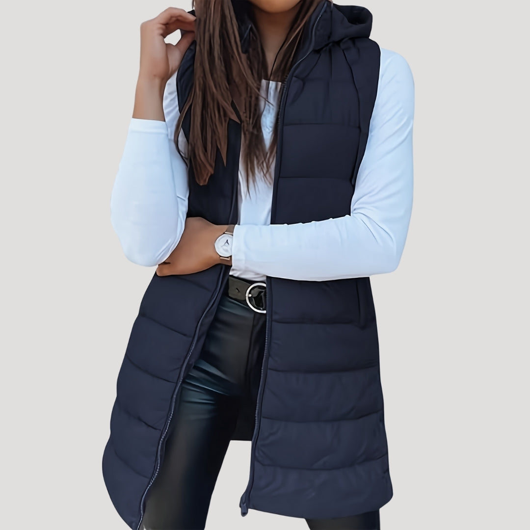 Chaleco largo acolchado mujer con capucha para invierno 8
