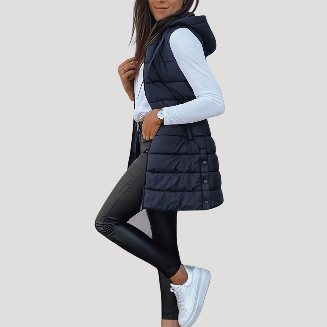 Chaleco largo acolchado mujer con capucha para invierno 9