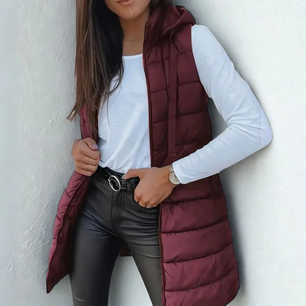 Chaleco largo acolchado mujer con capucha sin mangas 5